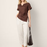 100% Linen Asymmetric Hem Side Gathered Split-Neck Top MINERVA