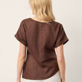 100% Linen Asymmetric Hem Side Gathered Split-Neck Top MINERVA