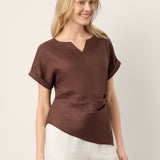 100% Linen Asymmetric Hem Side Gathered Split-Neck Top MINERVA