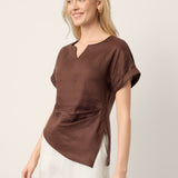 100% Linen Asymmetric Hem Side Gathered Split-Neck Top MINERVA
