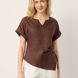 100% Linen Asymmetric Hem Side Gathered Split-Neck Top MINERVA