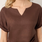 100% Linen Asymmetric Hem Side Gathered Split-Neck Top MINERVA