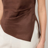 100% Linen Asymmetric Hem Side Gathered Split-Neck Top MINERVA