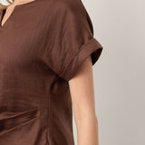 100% Linen Asymmetric Hem Side Gathered Split-Neck Top MINERVA