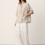 100% Linen Camp-Collar Patch-Pocket Top BRENNA