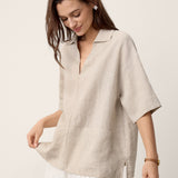 100% Linen Camp-Collar Patch-Pocket Top BRENNA