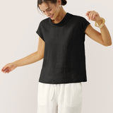 100% Linen Cap Sleeve Soft-Fold Collar Top YVONNE