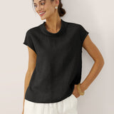 100% Linen Cap Sleeve Soft-Fold Collar Top YVONNE