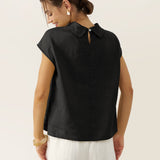 100% Linen Cap Sleeve Soft-Fold Collar Top YVONNE