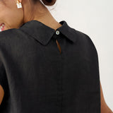 100% Linen Cap Sleeve Soft-Fold Collar Top YVONNE