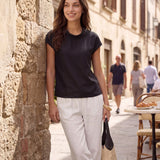 100% Linen Cap Sleeve Soft-Fold Collar Top YVONNE