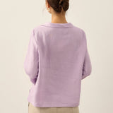 Linen Gingham Checked Round Soft-Fold Collar Top LAURA