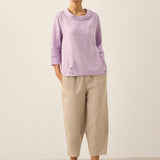 Linen Gingham Checked Round Soft-Fold Collar Top LAURA