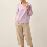 Linen Gingham Checked Round Soft-Fold Collar Top LAURA