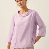 Linen Gingham Checked Round Soft-Fold Collar Top LAURA