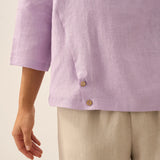 Linen Gingham Checked Round Soft-Fold Collar Top LAURA