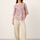 Linen Paisley Pintucked Ruffle-Cuff Curved Hem Blouse ILARIA
