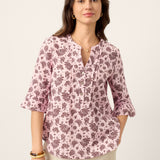 Linen Paisley Pintucked Ruffle-Cuff Curved Hem Blouse ILARIA