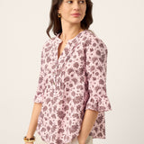 Linen Paisley Pintucked Ruffle-Cuff Curved Hem Blouse ILARIA