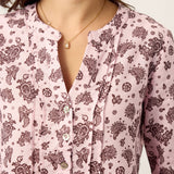 Linen Paisley Pintucked Ruffle-Cuff Curved Hem Blouse ILARIA