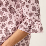Linen Paisley Pintucked Ruffle-Cuff Curved Hem Blouse ILARIA