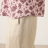 Linen Paisley Pintucked Ruffle-Cuff Curved Hem Blouse ILARIA