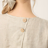 100% Linen Plaid Detachable Tie-Belt Split-Neck Top LEXIE