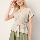 100% Linen Plaid Detachable Tie-Belt Split-Neck Top LEXIE