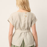 100% Linen Plaid Detachable Tie-Belt Split-Neck Top LEXIE