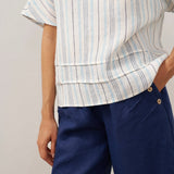 100% Linen Pleated Striped Pullover Top VIA