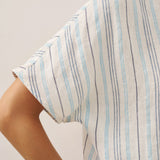 100% Linen Pleated Striped Pullover Top VIA