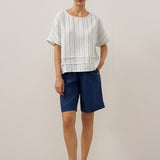 100% Linen Pleated Striped Pullover Top VIA