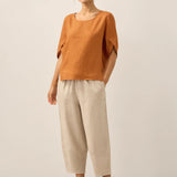 100% Linen Round Neck Petal-Sleeve Pullover LAUREL