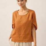 100% Linen Round Neck Petal-Sleeve Pullover LAUREL