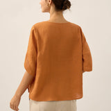 100% Linen Round Neck Petal-Sleeve Pullover LAUREL
