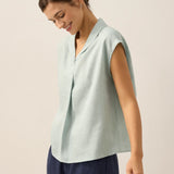 100% Linen Shawl V-Neck Cap Sleeves Top ELARA