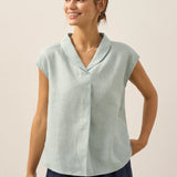 100% Linen Shawl V-Neck Cap Sleeves Top ELARA