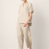 100% Linen Tie Cuff Notched V-Neck Top AI