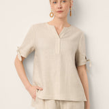 100% Linen Tie Cuff Notched V-Neck Top AI