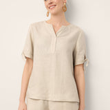 100% Linen Tie Cuff Notched V-Neck Top AI