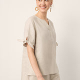 100% Linen Tie Cuff Notched V-Neck Top AI
