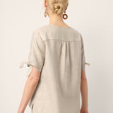 100% Linen Tie Cuff Notched V-Neck Top AI