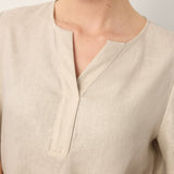 100% Linen Tie Cuff Notched V-Neck Top AI