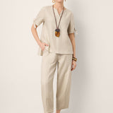 100% Linen Tie Cuff Notched V-Neck Top AI