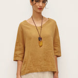 100% Linen V-Neck 3/4 Length Sleeve Top DORA