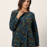 100% Organic Cotton Floral Corduroy Printed Ruched Top ADELE