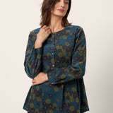 100% Organic Cotton Floral Corduroy Printed Ruched Top ADELE