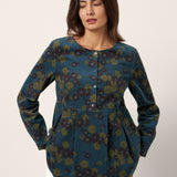 100% Organic Cotton Floral Corduroy Printed Ruched Top ADELE