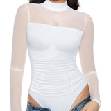 Illusion Mesh Turtleneck Long Sleeve Tummy Control Bodysuit