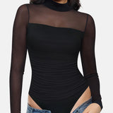 Illusion Mesh Turtleneck Long Sleeve Tummy Control Bodysuit